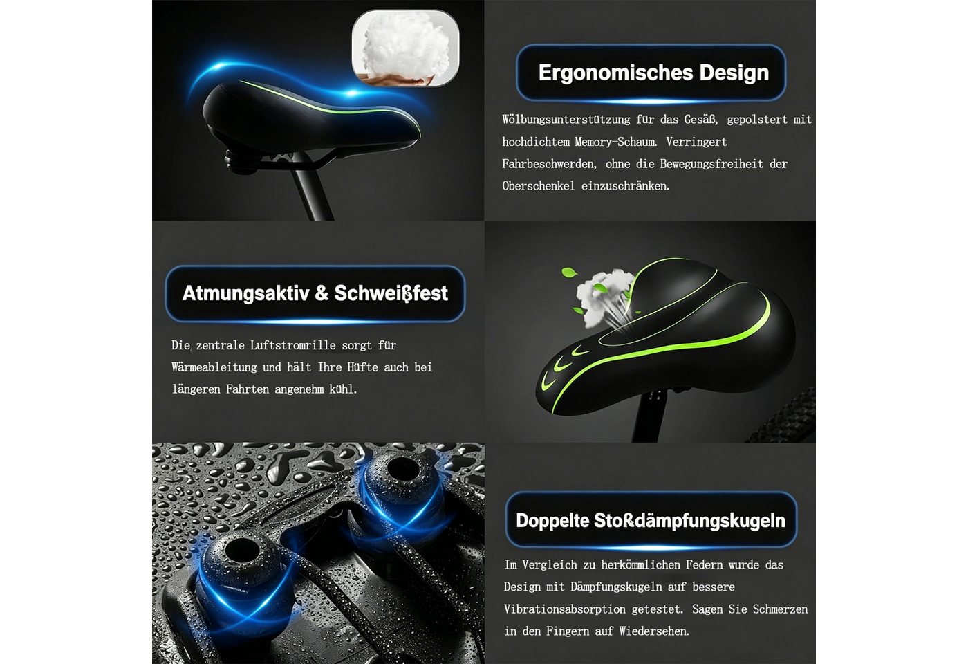 MOPUEA Fahrradsattel Fahrradsattel atmungsaktiv Memory schweißfester für Damen und Herren (Ergonomischer Fahrradsattel breit gepolstert wasserdicht komfort, Komfort Fahrradsattel mit Federung ergonomisch stoßdämpfend), Breit gepolstert wasserdicht stoßdämpfend ergonomisch sicher Bild 4