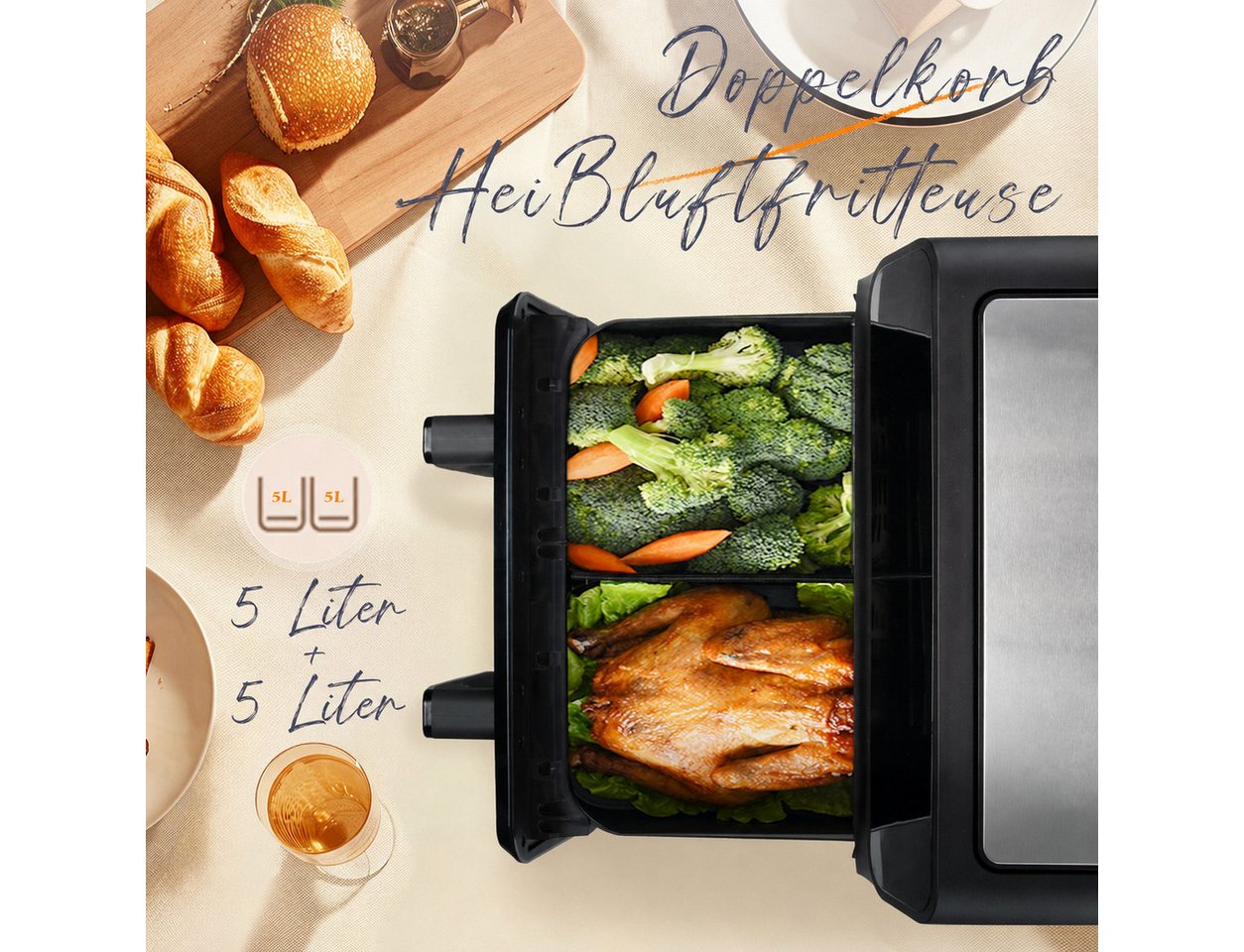 Vankel Heißluftfritteuse 10L XXL, Dual-Zone Airfryer 2000W mit 2×5L Körben & 10 Programmen, 2000 W, Doppelkammer-Fritteuse mit LED-Touchdisplay, Timer & 80–200 °C Bild 2