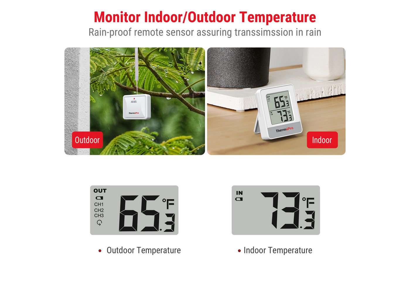ThermoPro Raumthermometer TP200C, Funk, Innen- und Außentemperatur, drei Sensorkanäle