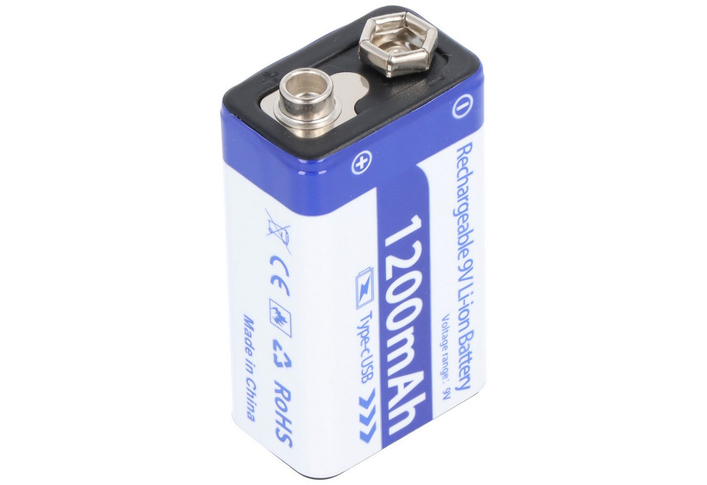 AccuCell 9V Akkublock mit USB-C Ladeanschluss, Li-ion, 7,4V, 1200mAh, 8,9 Wh Akku 1200 mAh (9,0 V)