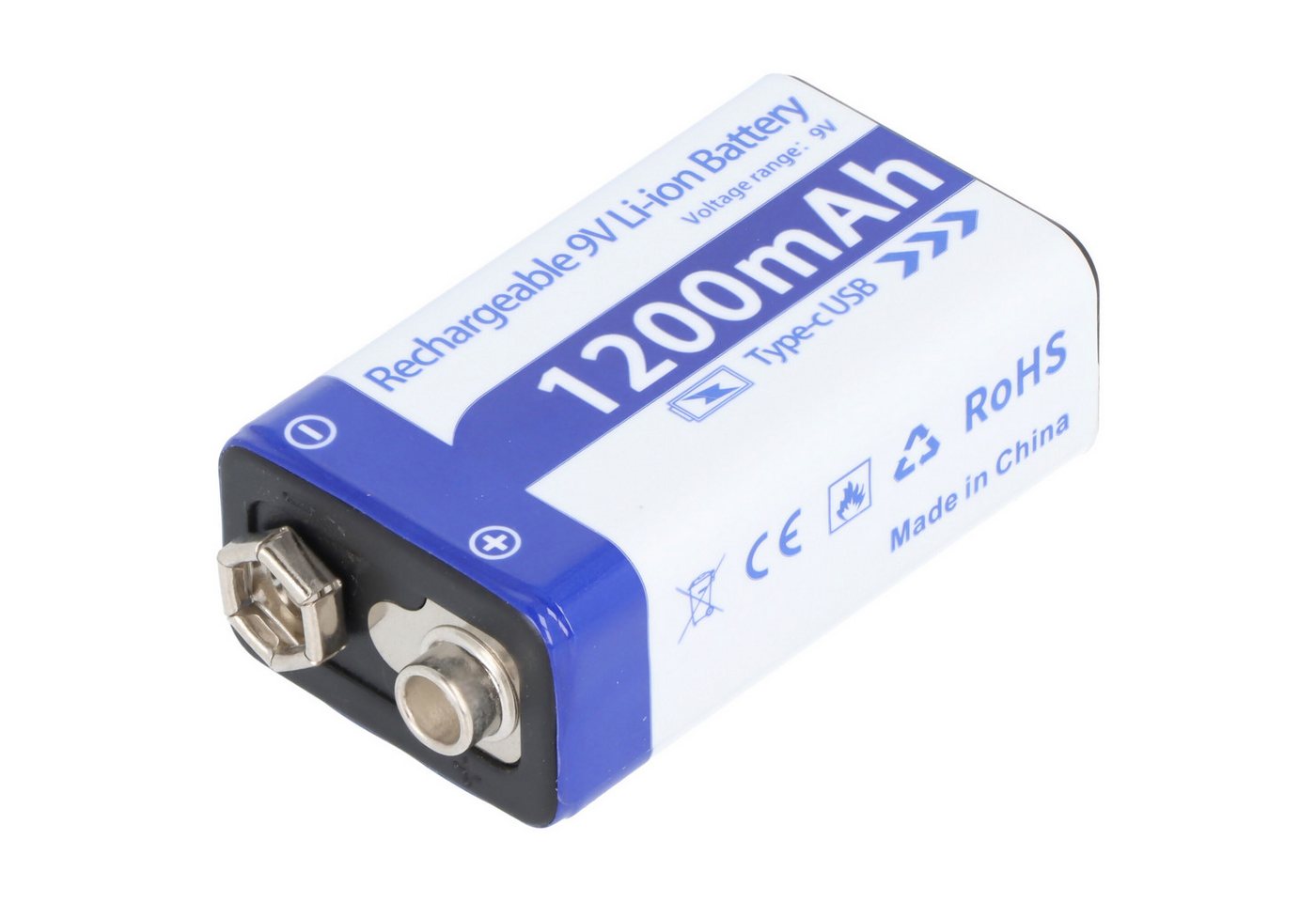 AccuCell 9V Akkublock mit USB-C Ladeanschluss, Li-ion, 7,4V, 1200mAh, 8,9 Wh Akku 1200 mAh (9,0 V) Bild 2