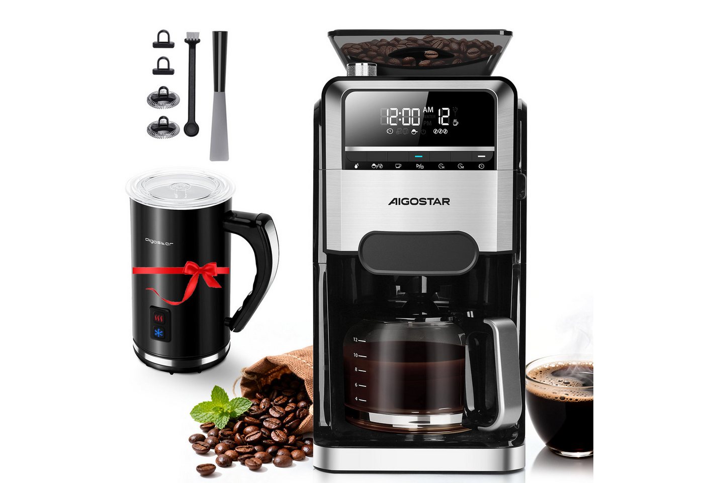 Aigostar Kaffeemaschine mit Mahlwerk Filterkaffeemaschine, 7 Mahlgrade, 12 Tassen, 1.5l Kaffeekanne, Wiederverwendbare Filter, Warmhaltefunktion, Selbstreinigungsfunktion, Intelligente Erinnerung