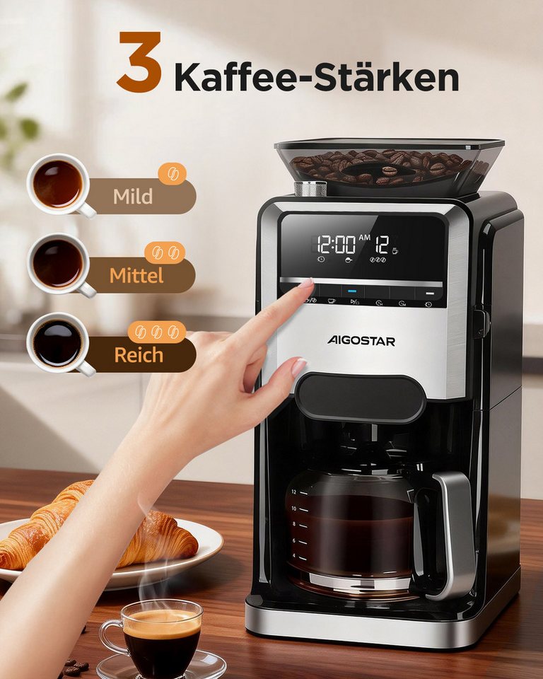 Aigostar Kaffeemaschine mit Mahlwerk Filterkaffeemaschine, 7 Mahlgrade, 12 Tassen, 1.5l Kaffeekanne, Wiederverwendbare Filter, Warmhaltefunktion, Selbstreinigungsfunktion, Intelligente Erinnerung Bild 2