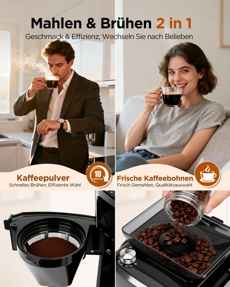 Aigostar Kaffeemaschine mit Mahlwerk Filterkaffeemaschine, 7 Mahlgrade, 12 Tassen, 1.5l Kaffeekanne, Wiederverwendbare Filter, Warmhaltefunktion, Selbstreinigungsfunktion, Intelligente Erinnerung Bild 4