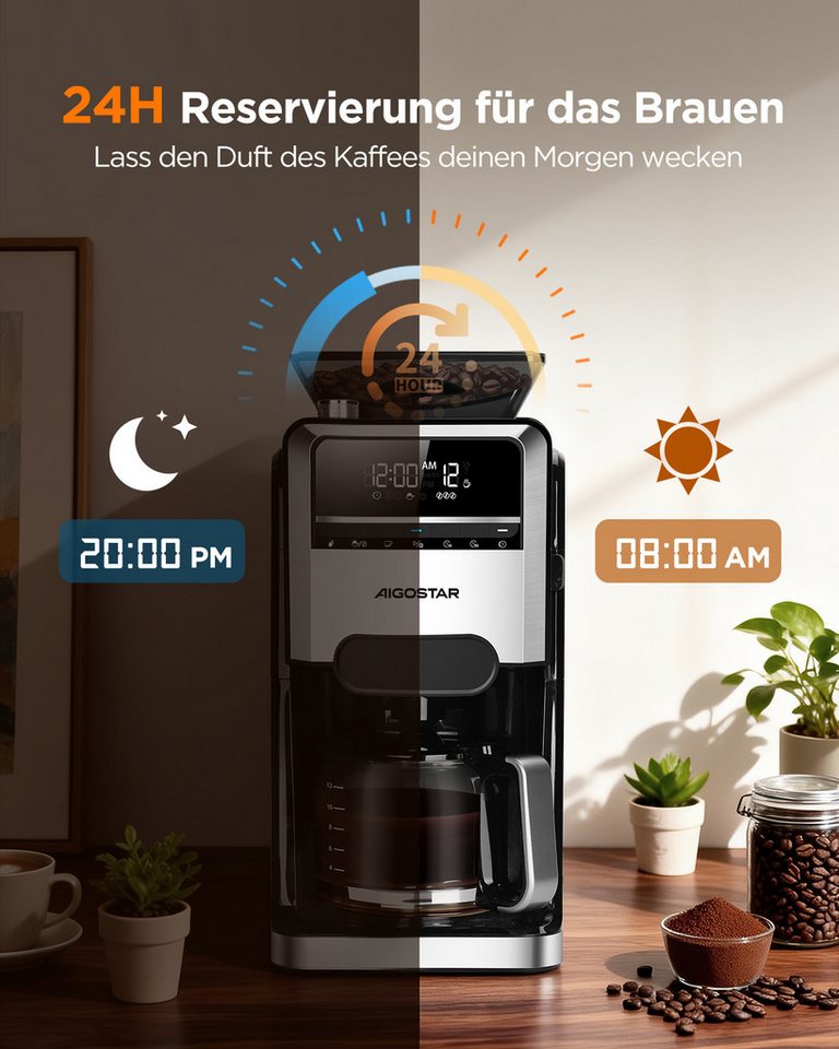 Aigostar Kaffeemaschine mit Mahlwerk Filterkaffeemaschine, 7 Mahlgrade, 12 Tassen, 1.5l Kaffeekanne, Wiederverwendbare Filter, Warmhaltefunktion, Selbstreinigungsfunktion, Intelligente Erinnerung Bild 5