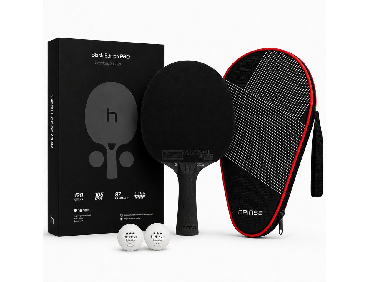 heinsa Tischtennisschläger HEINSA Tischtennisschläger Black Edition Pro Carbon ITTF mit Tasche (Set, 5-tlg., mit Tasche) Bild 3