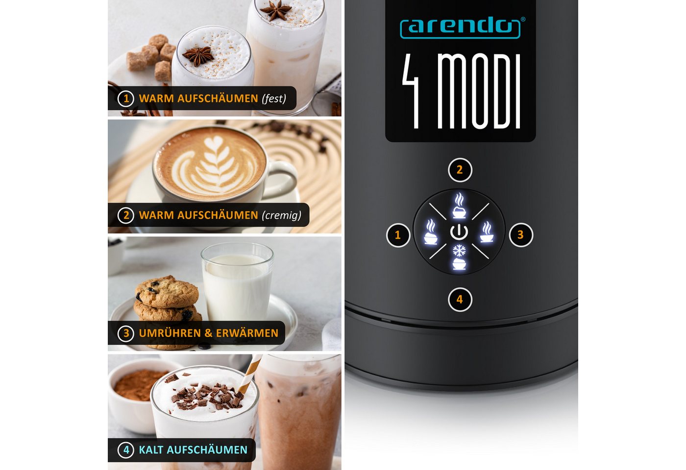 Arendo Milchaufschäumer Milk Frother, 500 W, 4 Modi, 150/300 ml, elektrisch, 500 W, Milchschäumer, Status-LEDs, Edelstahl-Quirl, Trockenkochschutz Bild 4