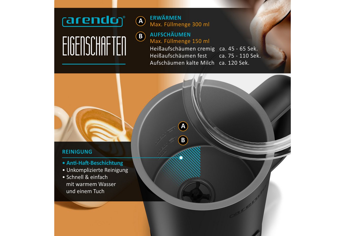 Arendo Milchaufschäumer Milk Frother, 500 W, 4 Modi, 150/300 ml, elektrisch, 500 W, Milchschäumer, Status-LEDs, Edelstahl-Quirl, Trockenkochschutz Bild 5