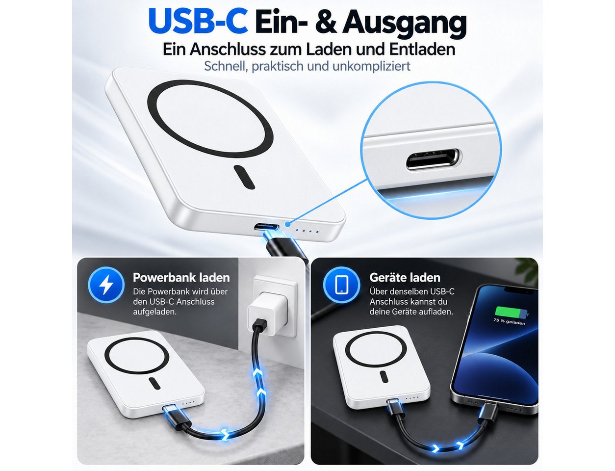 Diyarts Powerbank 5000 mAh, mit USB-C, 15 W Qi-Laden & LED-Kontrollleuchte