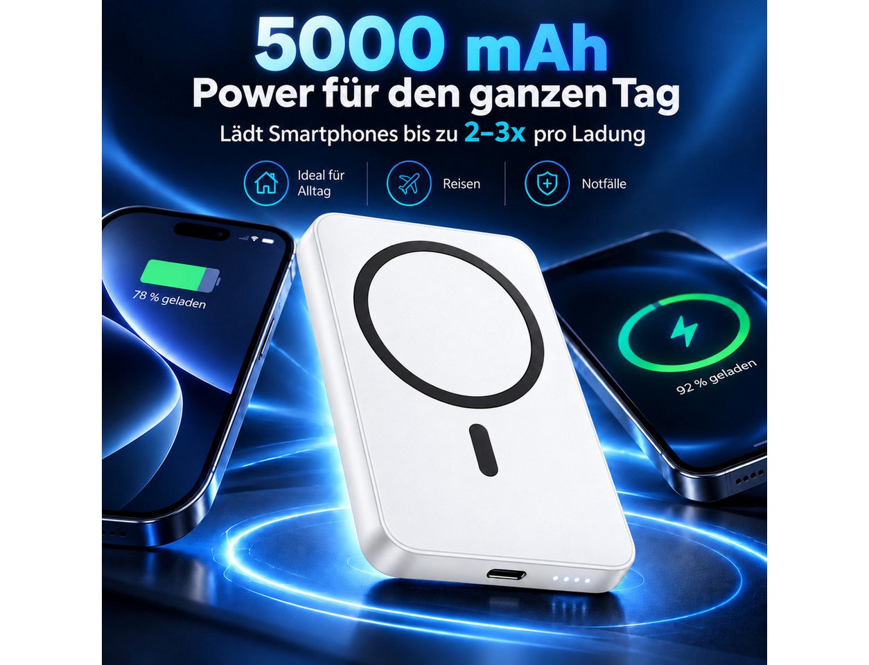 Diyarts Powerbank 5000 mAh, mit USB-C, 15 W Qi-Laden & LED-Kontrollleuchte Bild 3