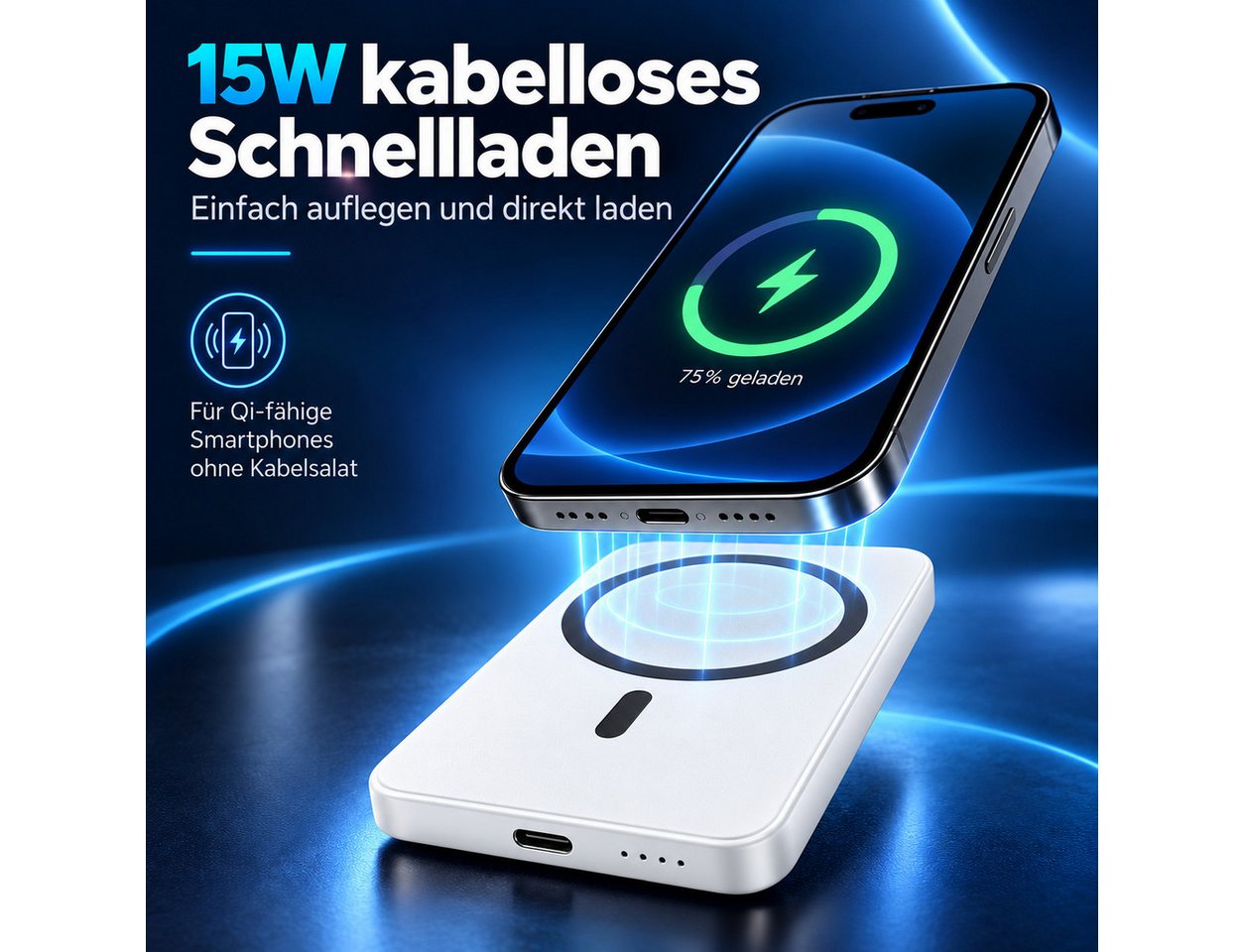 Diyarts Powerbank 5000 mAh, mit USB-C, 15 W Qi-Laden & LED-Kontrollleuchte Bild 5