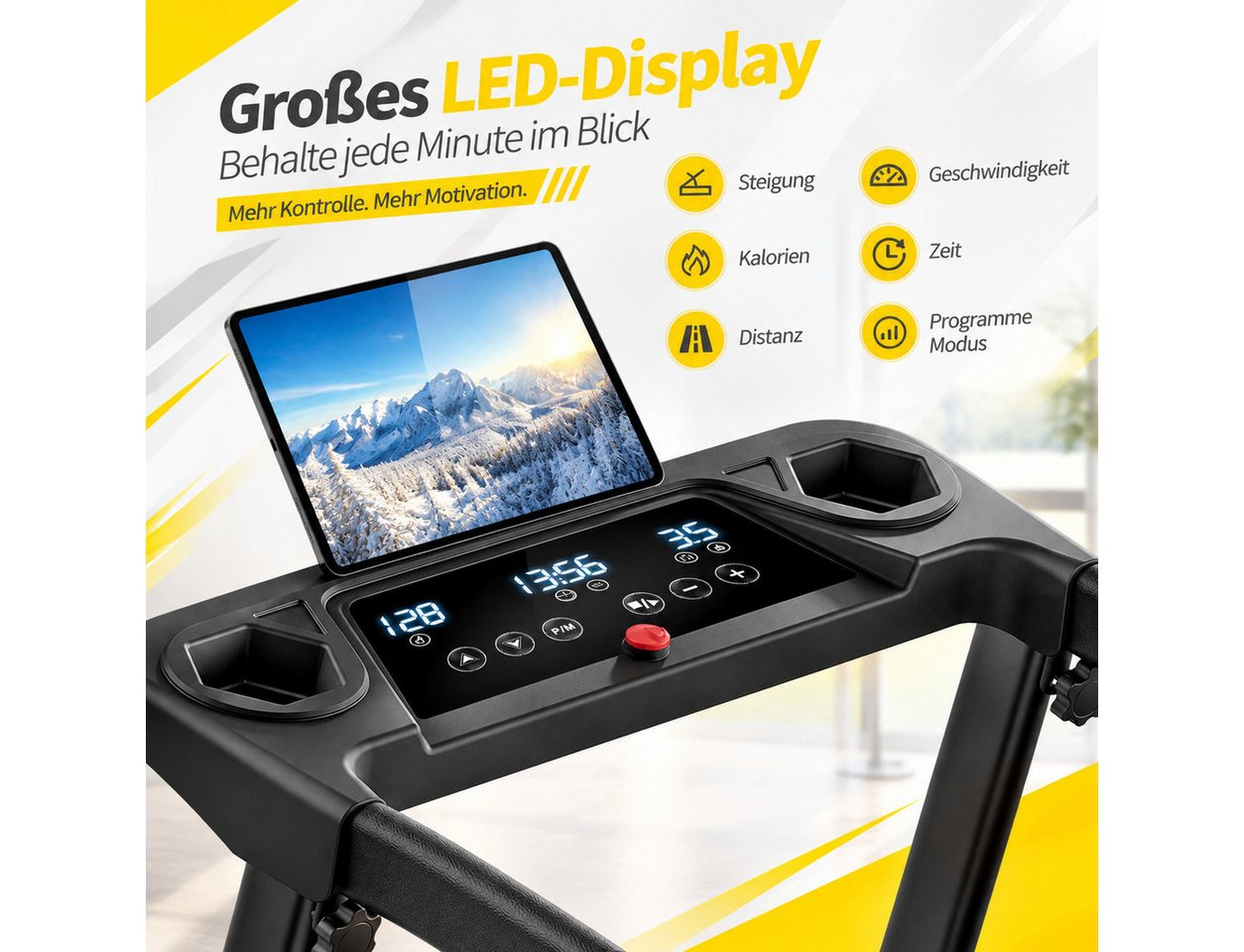 BAYMATE Laufband für Zuhause (klappbares Laufband mit 12 Programmen, 3,0 HP leiser Motor, MAX 160kg, Mit Halterung, mit Rädern, mit Trinkfaschenhalter), mit automatischer Steigung, 12KM/H Laufband mit LED Bild 2