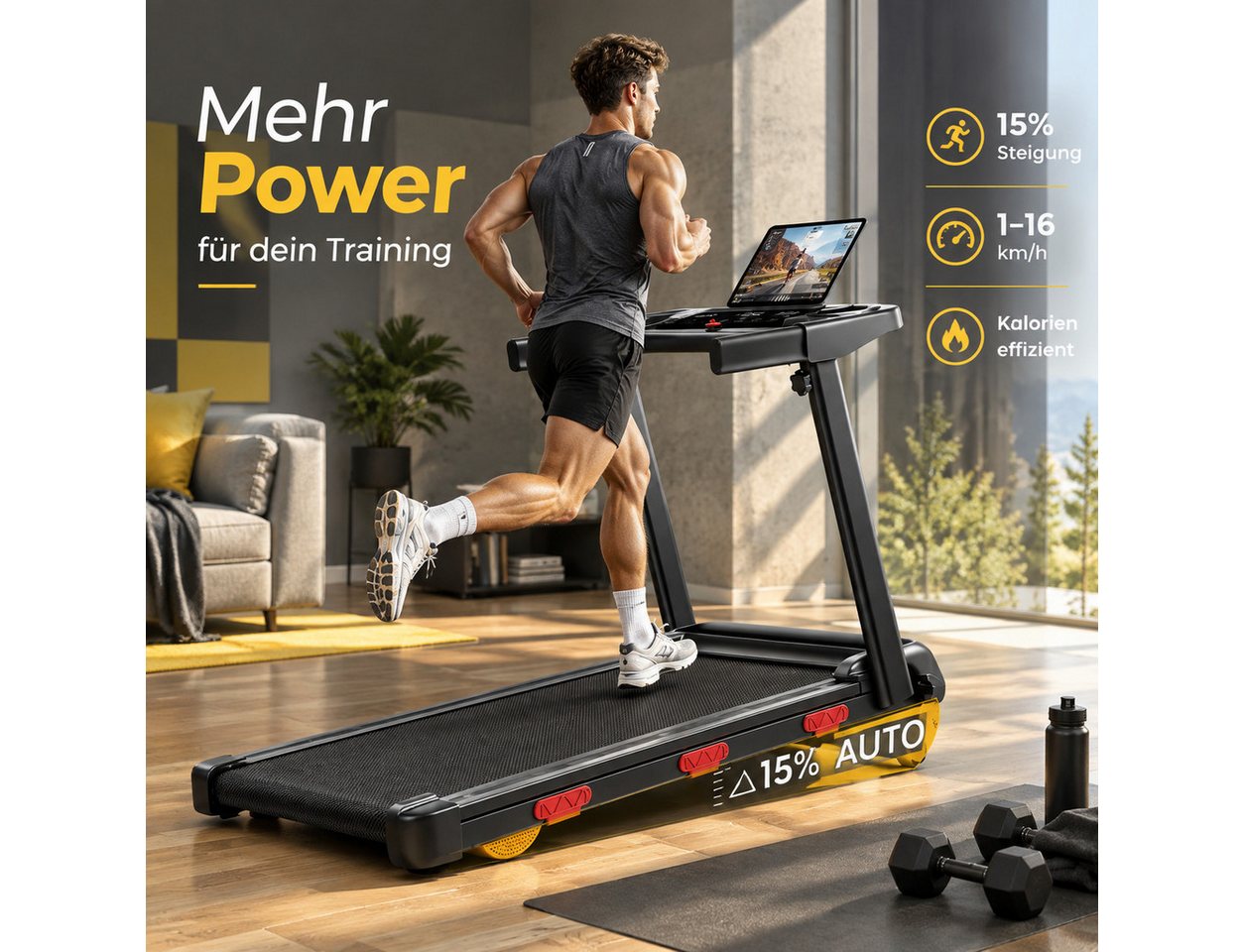 BAYMATE Laufband für Zuhause (klappbares Laufband mit 12 Programmen, 3,0 HP leiser Motor, MAX 160kg, Mit Halterung, mit Rädern, mit Trinkfaschenhalter), mit automatischer Steigung, 12KM/H Laufband mit LED Bild 3
