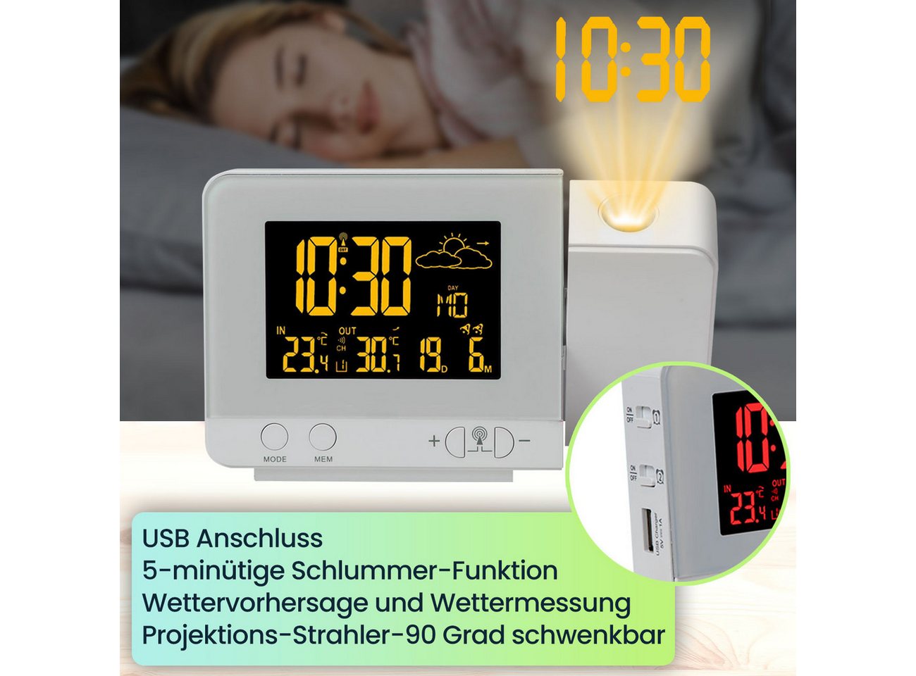 Casativo 2-in-1 Funk-Wetterstation & Projektionswecker mit buntem Farbwechsel Funkwetterstation (DCF-Funkempfänger)