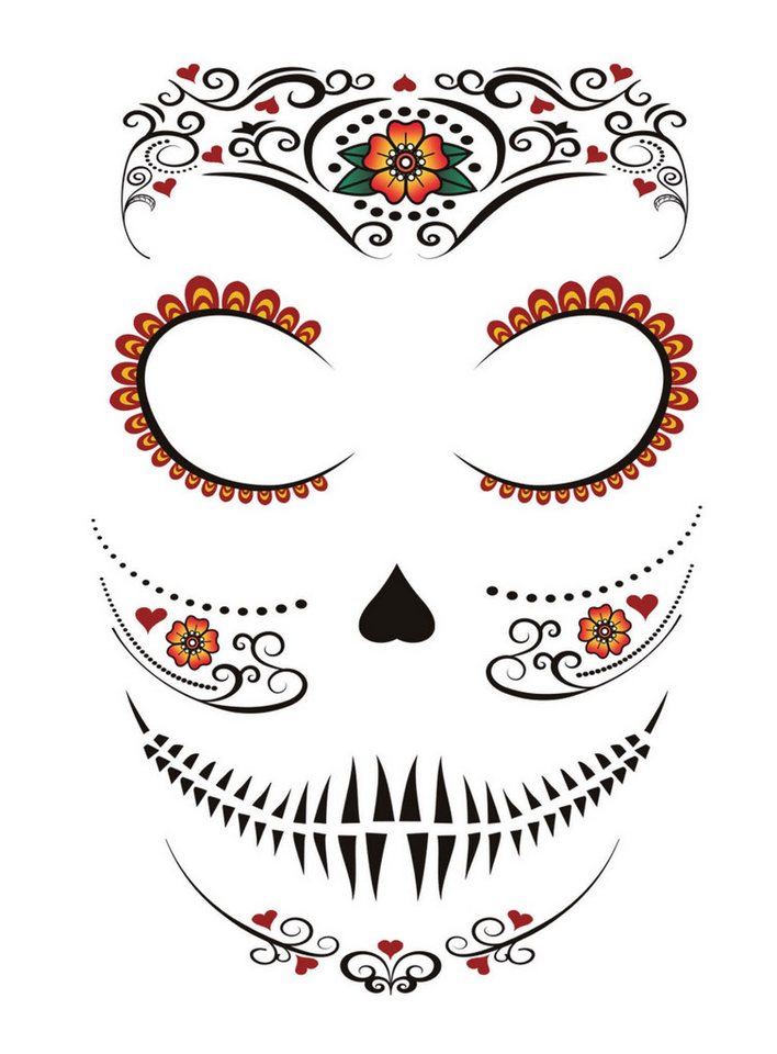 Metamorph Theaterschminke Dia de los Muertos Gesichts-Klebetattoo - Fasching, Temporäres Haut-Tattoo für krasse Effekte auch ohne Schminkkünste Bild 2