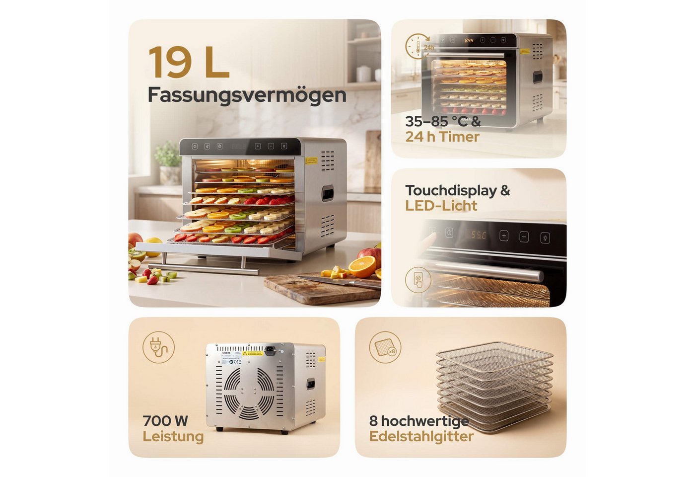 Arebos Dörrautomat Dörrgerät 19L mit Edelstahlgittern & Timer 700 W, 8 Etagen, 19 L Fassungsvermögen, 700 W Leistung