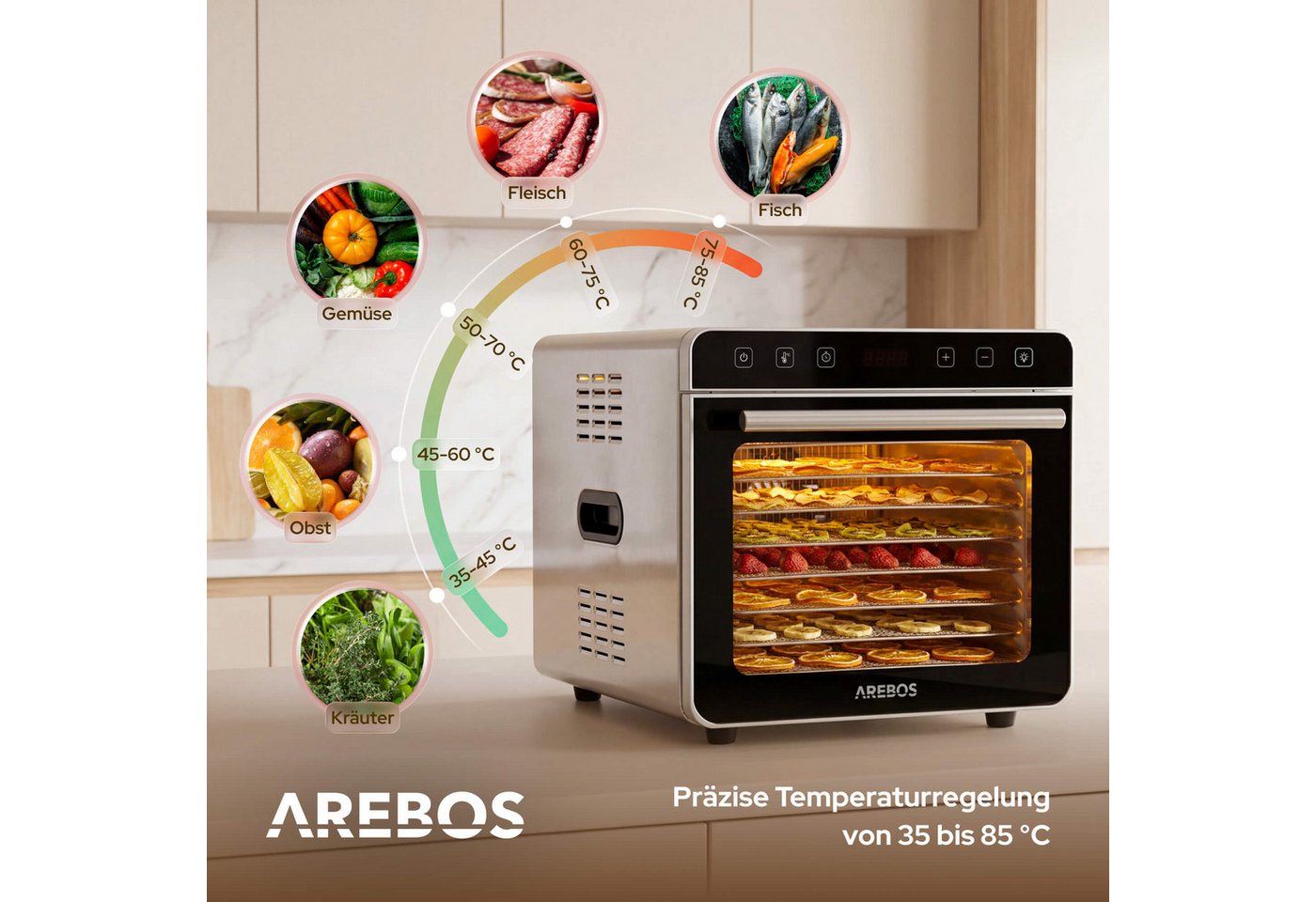 Arebos Dörrautomat Dörrgerät 19L mit Edelstahlgittern & Timer 700 W, 8 Etagen, 19 L Fassungsvermögen, 700 W Leistung Bild 2