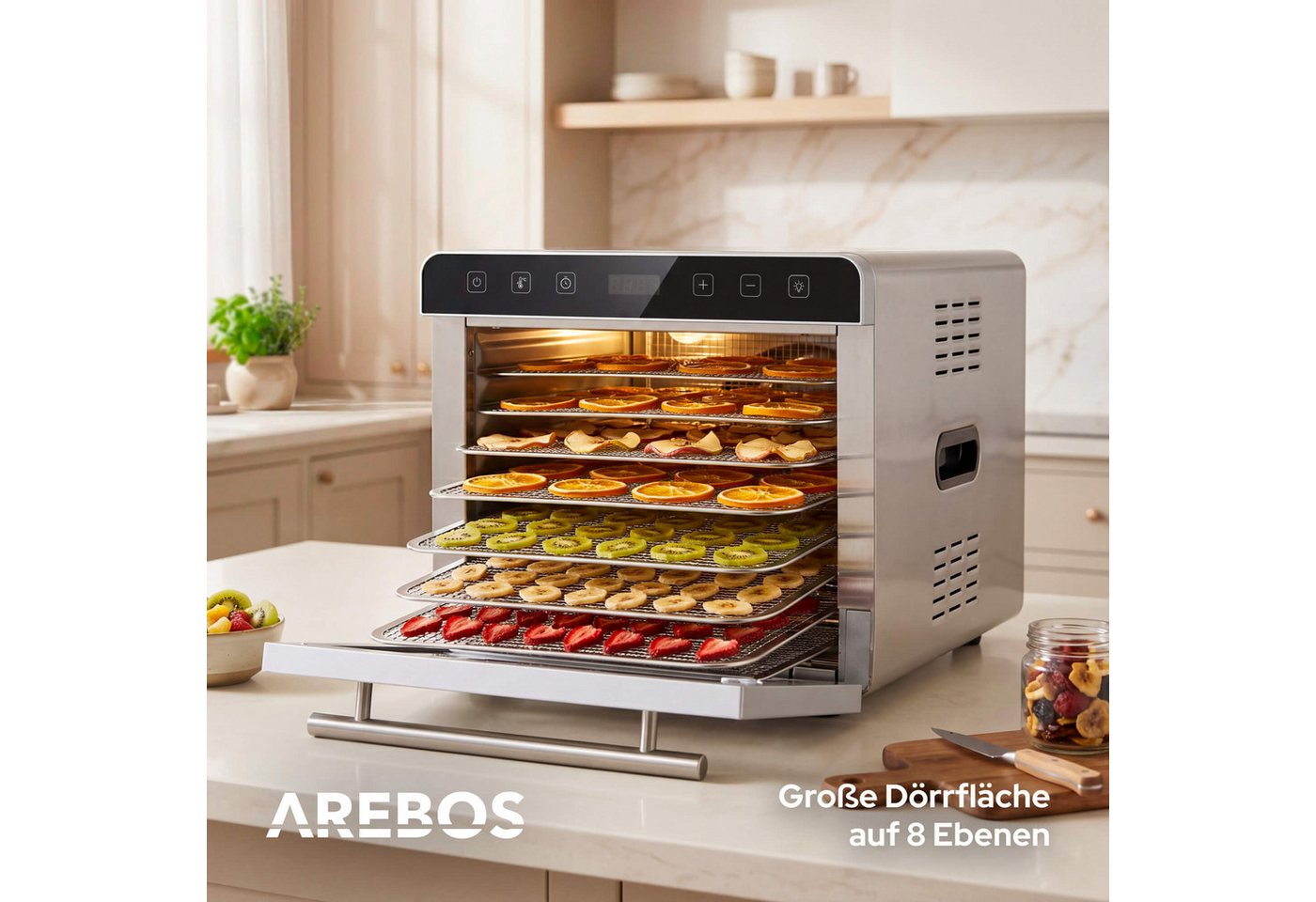 Arebos Dörrautomat Dörrgerät 19L mit Edelstahlgittern & Timer 700 W, 8 Etagen, 19 L Fassungsvermögen, 700 W Leistung Bild 5