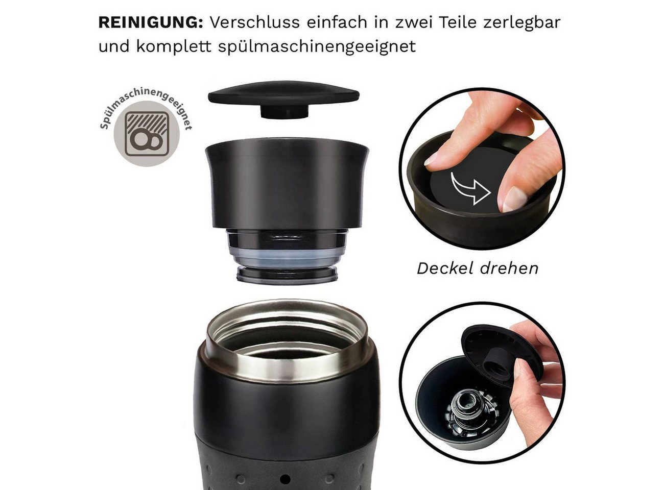 Creano Thermoflasche Thermobecher “Travel-Mug Schwarz” 420 ml, abnehmbare Öffnung für einache Reinigung