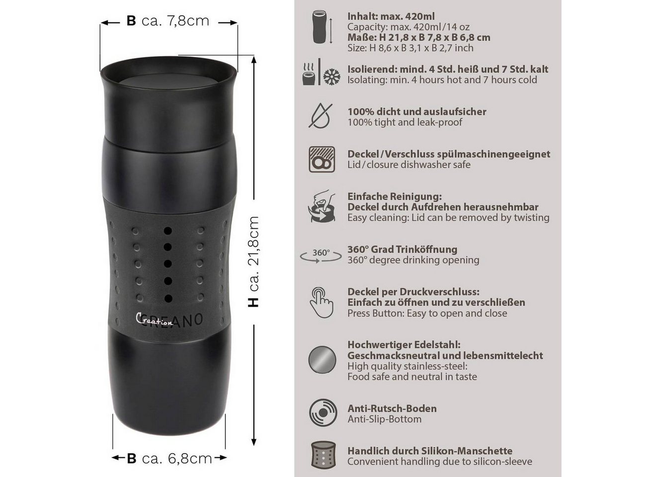 Creano Thermoflasche Thermobecher “Travel-Mug Schwarz” 420 ml, abnehmbare Öffnung für einache Reinigung Bild 3