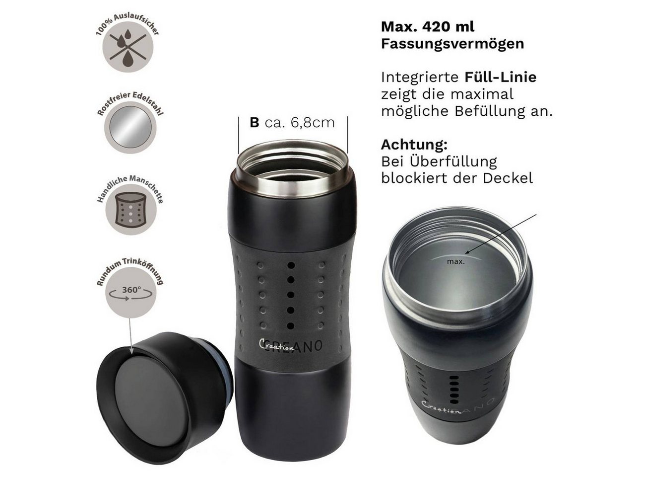 Creano Thermoflasche Thermobecher “Travel-Mug Schwarz” 420 ml, abnehmbare Öffnung für einache Reinigung Bild 5