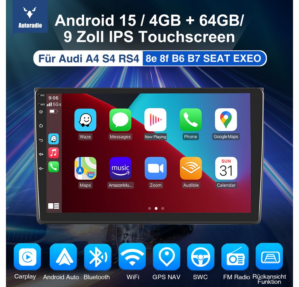 ESSGOO Für Audi A4 S4 RS4 B6 B7 SEAT EXEO CarPlay 4+64G Autoradio Android 15 Autoradio (4+64GB, FM, GPS NAVI SWC RDS) Bild 3