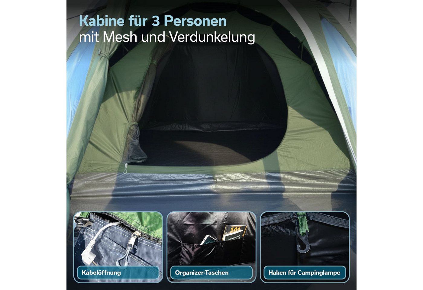 Skandika Kuppelzelt mit Vorbau Larvik für 3 Sleeper, Sleeper Technology, Tragetasche, Personen: 3 (Kabine mit fest eingenähtem Zeltboden, Farbig markiertes Gestänge), Wasserdicht 3000 mm, Dreiecksfenster, Moskitonetz, Kabeldurchführung