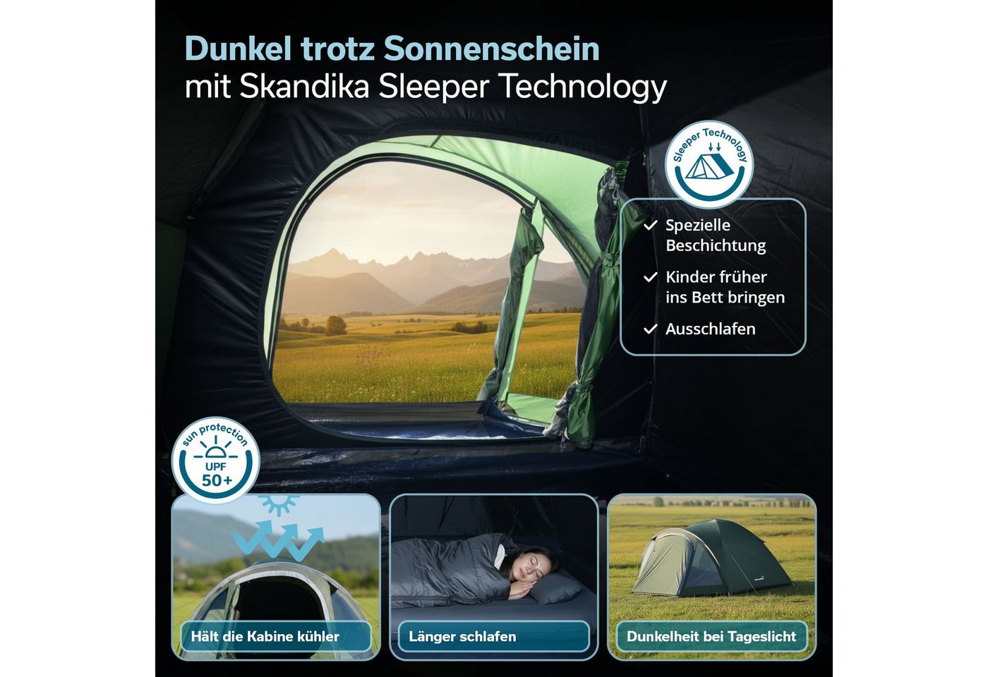 Skandika Kuppelzelt mit Vorbau Larvik für 3 Sleeper, Sleeper Technology, Tragetasche, Personen: 3 (Kabine mit fest eingenähtem Zeltboden, Farbig markiertes Gestänge), Wasserdicht 3000 mm, Dreiecksfenster, Moskitonetz, Kabeldurchführung Bild 2