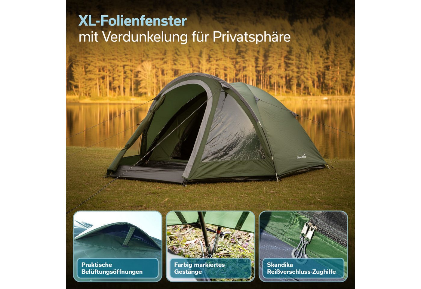 Skandika Kuppelzelt mit Vorbau Larvik für 3 Sleeper, Sleeper Technology, Tragetasche, Personen: 3 (Kabine mit fest eingenähtem Zeltboden, Farbig markiertes Gestänge), Wasserdicht 3000 mm, Dreiecksfenster, Moskitonetz, Kabeldurchführung Bild 4