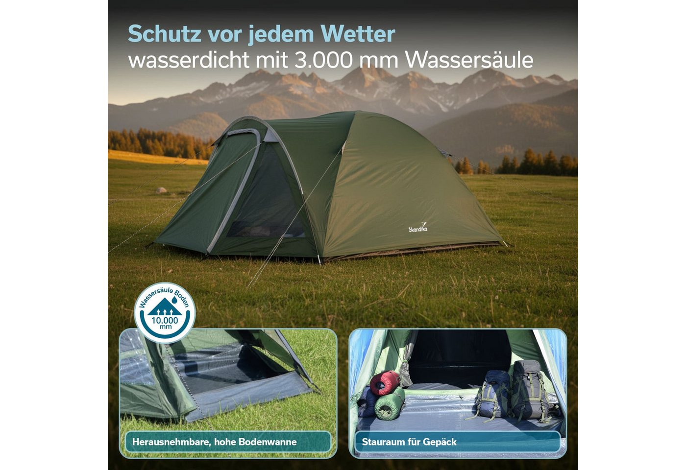 Skandika Kuppelzelt mit Vorbau Larvik für 3 Sleeper, Sleeper Technology, Tragetasche, Personen: 3 (Kabine mit fest eingenähtem Zeltboden, Farbig markiertes Gestänge), Wasserdicht 3000 mm, Dreiecksfenster, Moskitonetz, Kabeldurchführung Bild 5