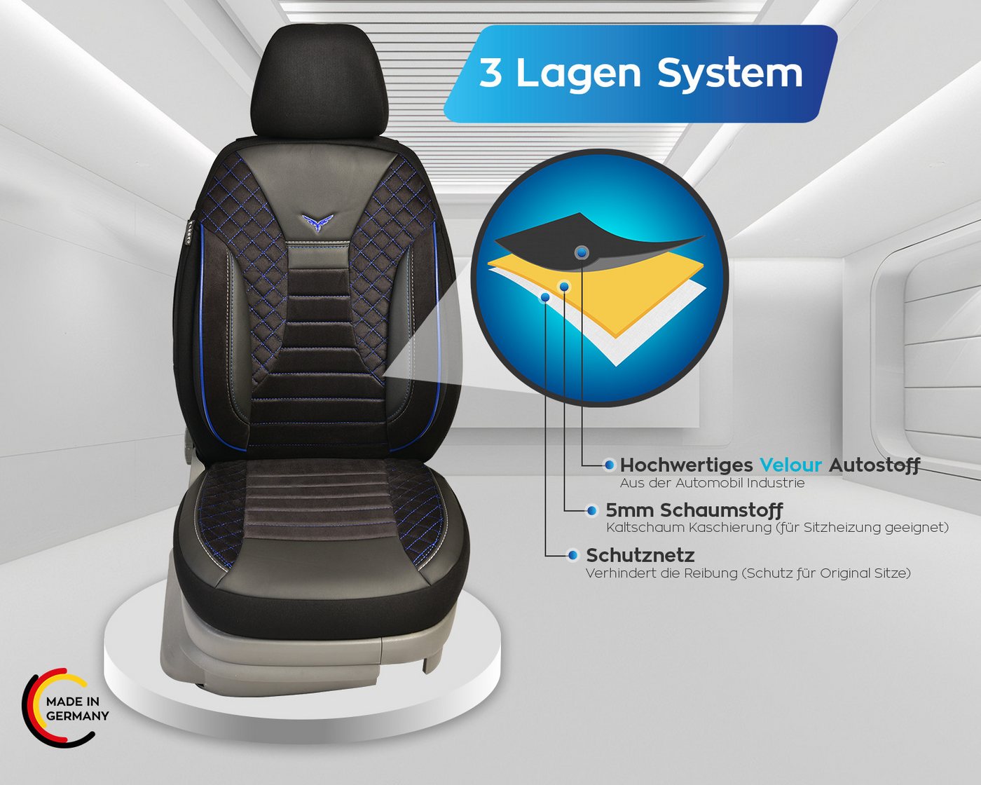 BREMER SITZBEZÜGE Autositzbezug für VW T-Roc Bj ab 2017 (PS806), Set, 2-tlg., Schonbezüge Sitzbezüge Fahrer und Beifahrer, in Schwarz/Blaue Naht Bild 4