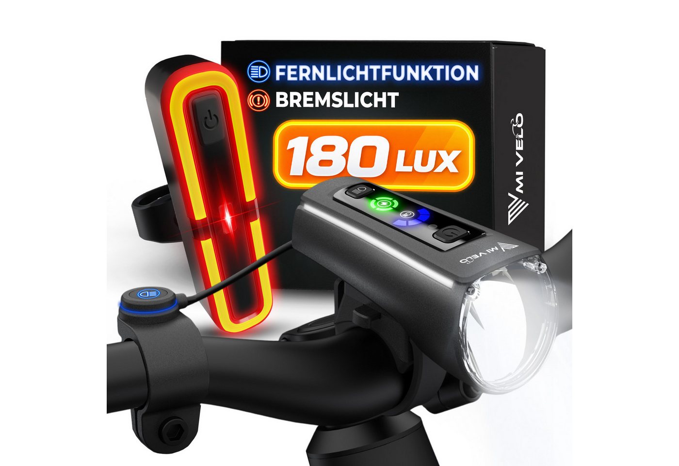 MIVELO Fahrradbeleuchtung AXIS Fahrradlicht Set mit FERNLICHT 180 Lux, Akku USB-C, StVZO, IPX5 Spritzwasserschutz, Rücklicht wahlweise mit Bremslichtfunktion Bild 2