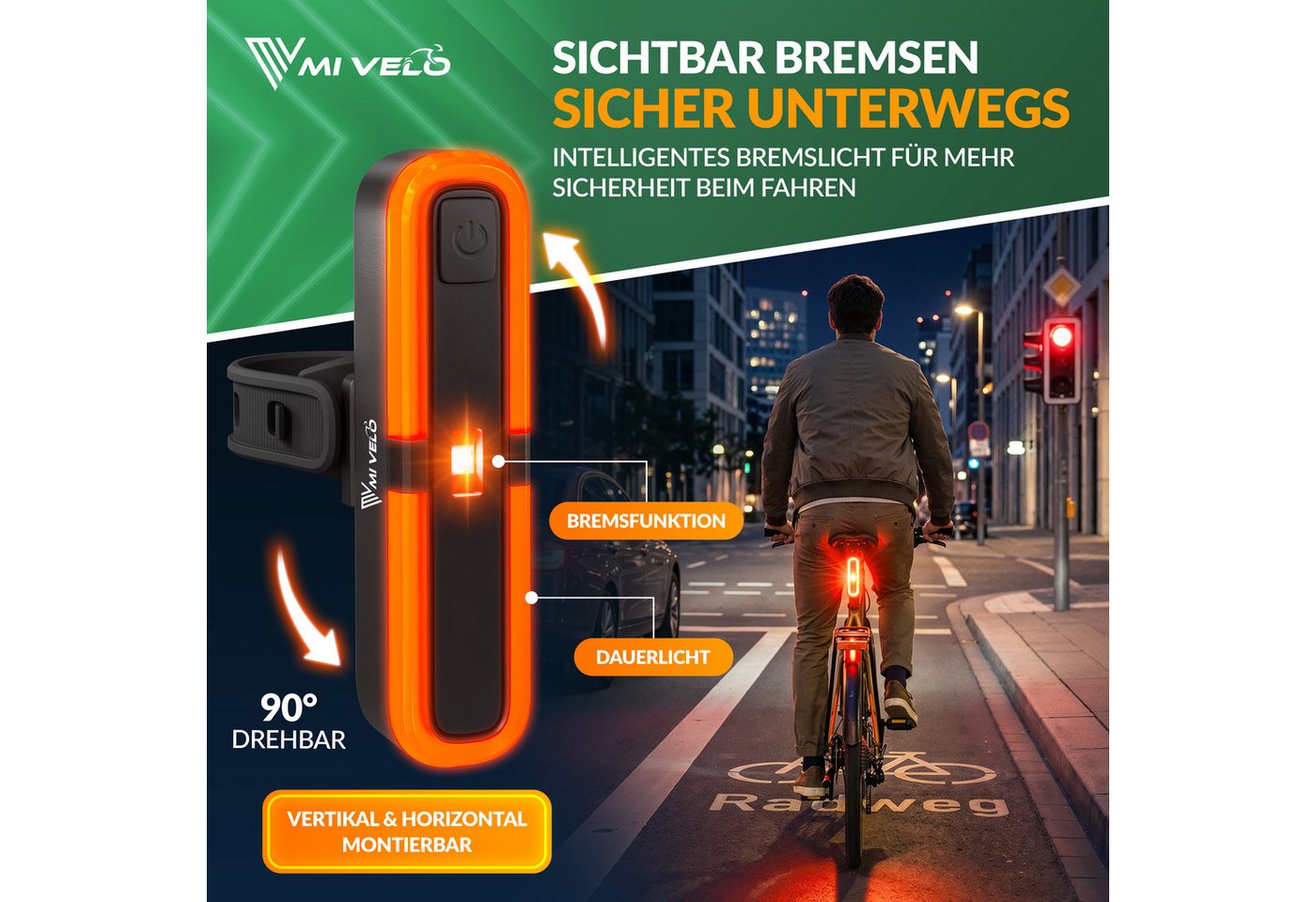 MIVELO Fahrradbeleuchtung AXIS Fahrradlicht Set mit FERNLICHT 180 Lux, Akku USB-C, StVZO, IPX5 Spritzwasserschutz, Rücklicht wahlweise mit Bremslichtfunktion Bild 3