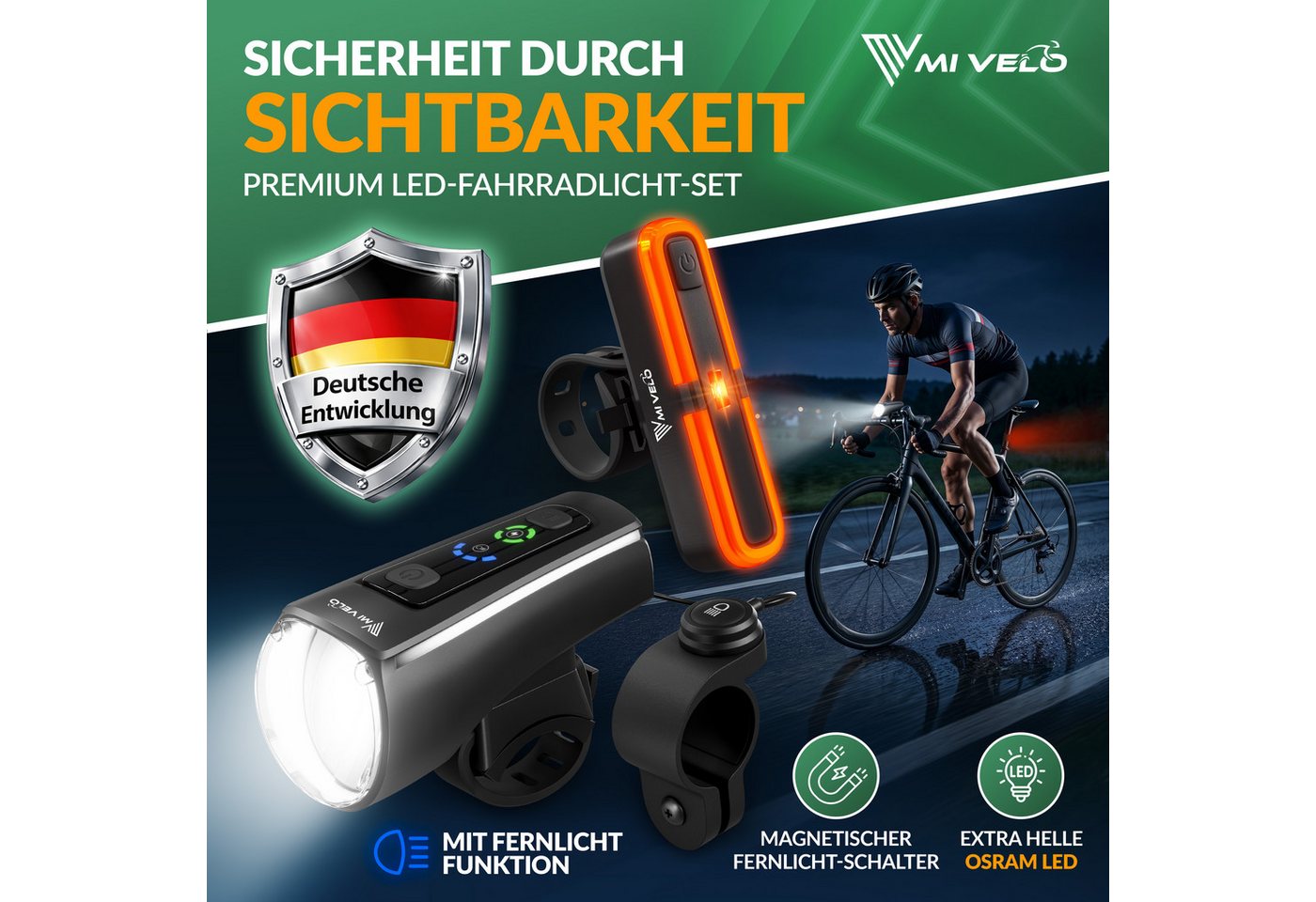 MIVELO Fahrradbeleuchtung AXIS Fahrradlicht Set mit FERNLICHT 180 Lux, Akku USB-C, StVZO, IPX5 Spritzwasserschutz, Rücklicht wahlweise mit Bremslichtfunktion Bild 4