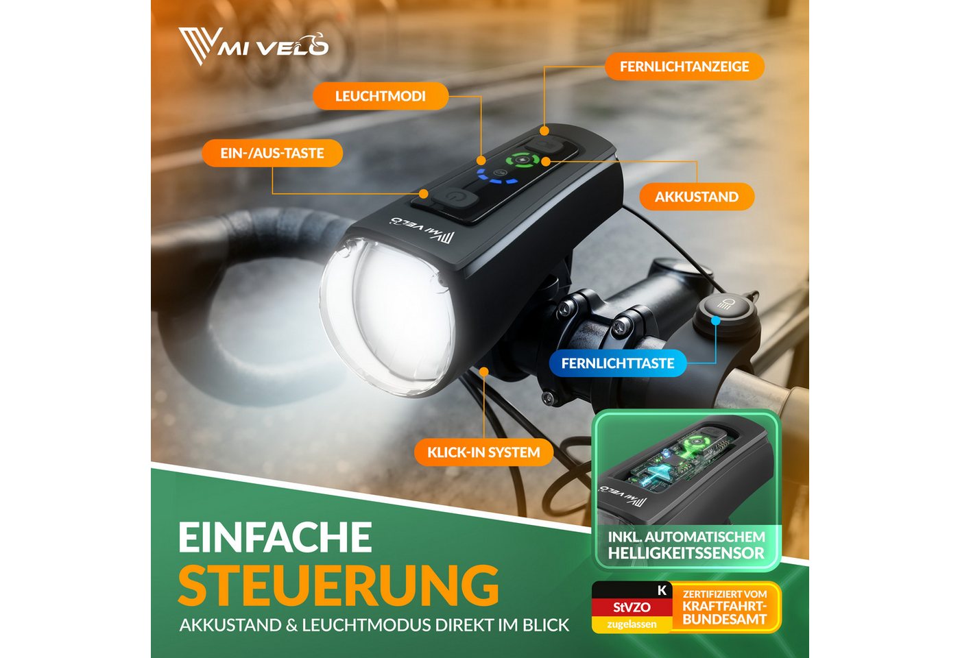 MIVELO Fahrradbeleuchtung AXIS Fahrradlicht Set mit FERNLICHT 180 Lux, Akku USB-C, StVZO, IPX5 Spritzwasserschutz, Rücklicht wahlweise mit Bremslichtfunktion Bild 5