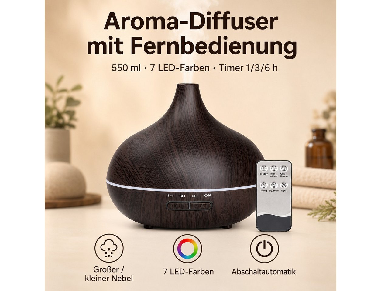 Forrlite Diffuser Aromavernebler, Ultraschall-Vernebler für Zuhause, 0,55 l Wassertank, Luftbefeuchter, Duftspender für Schlafzimmer, Büro und Wohnraum