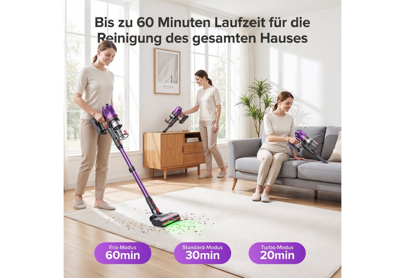 lubluelu Akku-Hand-und Stielstaubsauger G20 Akkustaubsauger Akku Handstaubsauger 450W/150AW, 450 W, beutellos, LED Green Dusting Beleuchtung / Anti-Verwicklungs-Bürste