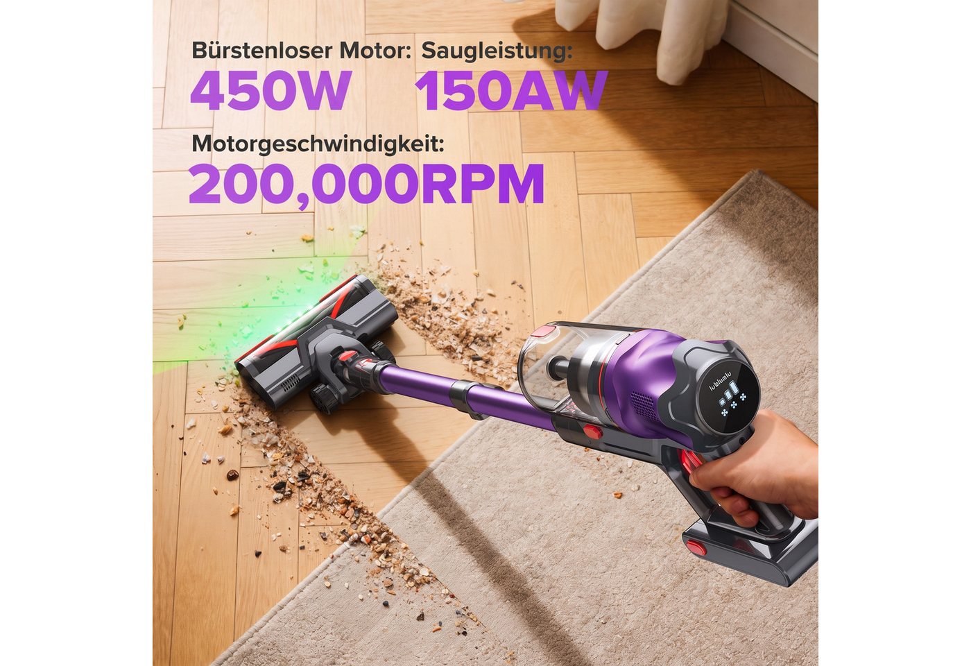 lubluelu Akku-Hand-und Stielstaubsauger G20 Akkustaubsauger Akku Handstaubsauger 450W/150AW, 450 W, beutellos, LED Green Dusting Beleuchtung / Anti-Verwicklungs-Bürste Bild 3