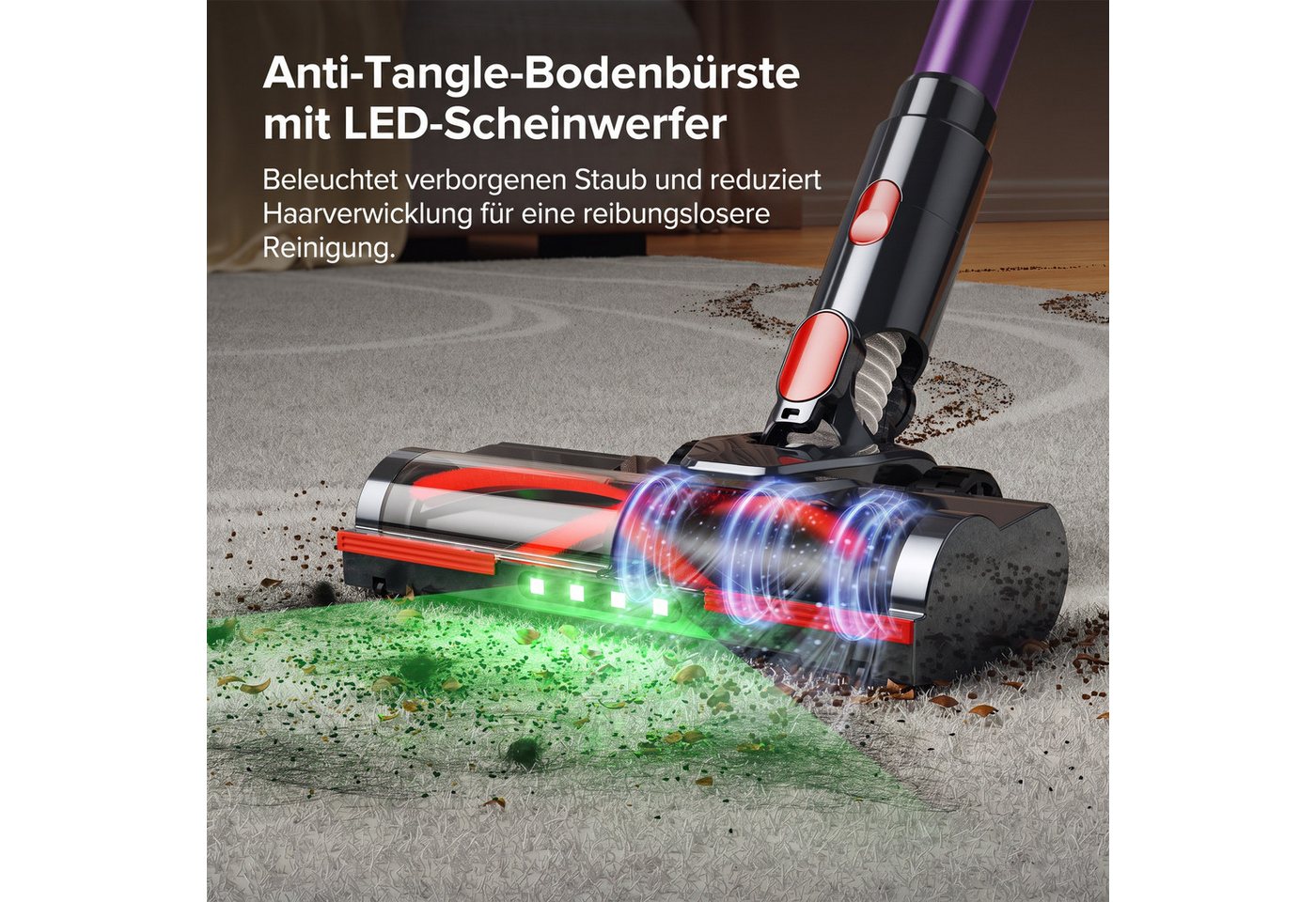 lubluelu Akku-Hand-und Stielstaubsauger G20 Akkustaubsauger Akku Handstaubsauger 450W/150AW, 450 W, beutellos, LED Green Dusting Beleuchtung / Anti-Verwicklungs-Bürste Bild 4