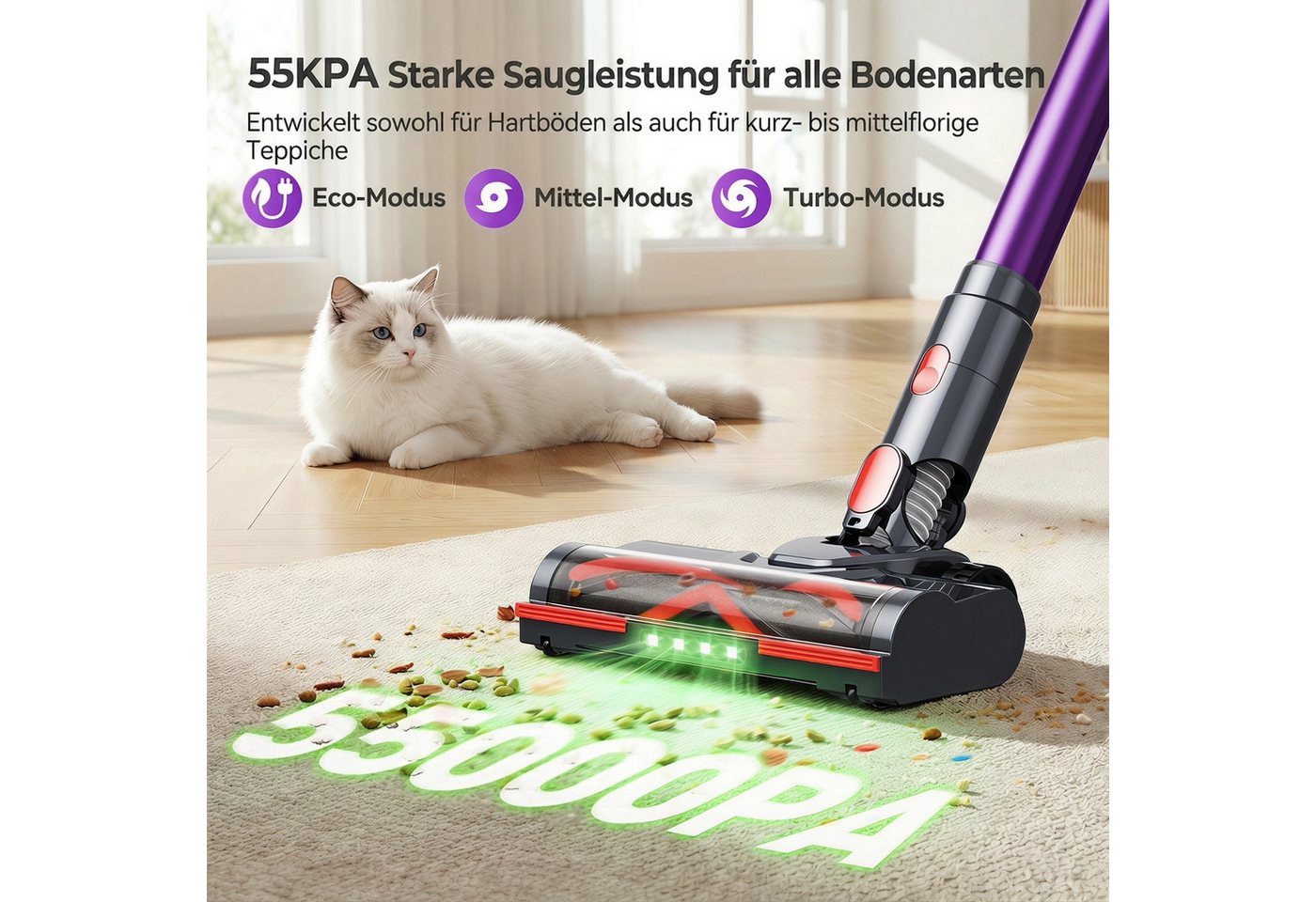 lubluelu Akku-Hand-und Stielstaubsauger G20 Akkustaubsauger Akku Handstaubsauger 450W/150AW, 450 W, beutellos, LED Green Dusting Beleuchtung / Anti-Verwicklungs-Bürste Bild 5