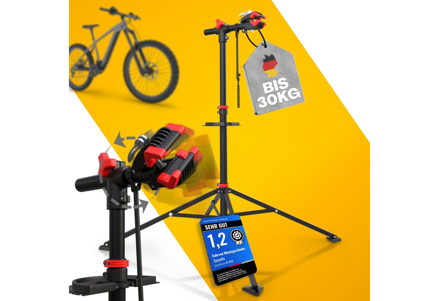 Tarpofix® Fahrrad-Montageständer Fahrrad Montageständer 30 kg klappbar Reparaturständer, Rot: Fahrrad Reparaturständer rot mit 360° Klemmkopf Bild 3