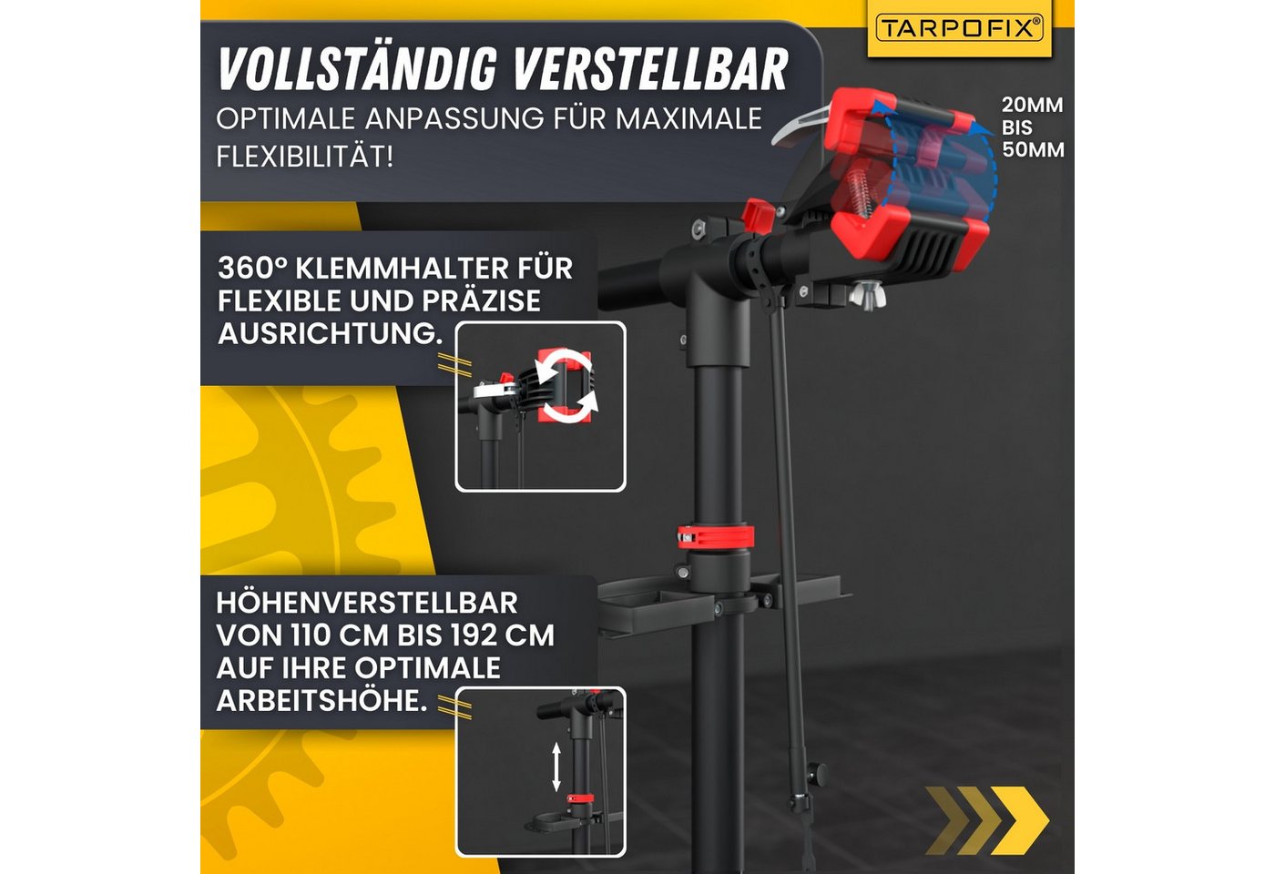 Tarpofix® Fahrrad-Montageständer Fahrrad Montageständer 30 kg klappbar Reparaturständer, Rot: Fahrrad Reparaturständer rot mit 360° Klemmkopf Bild 5