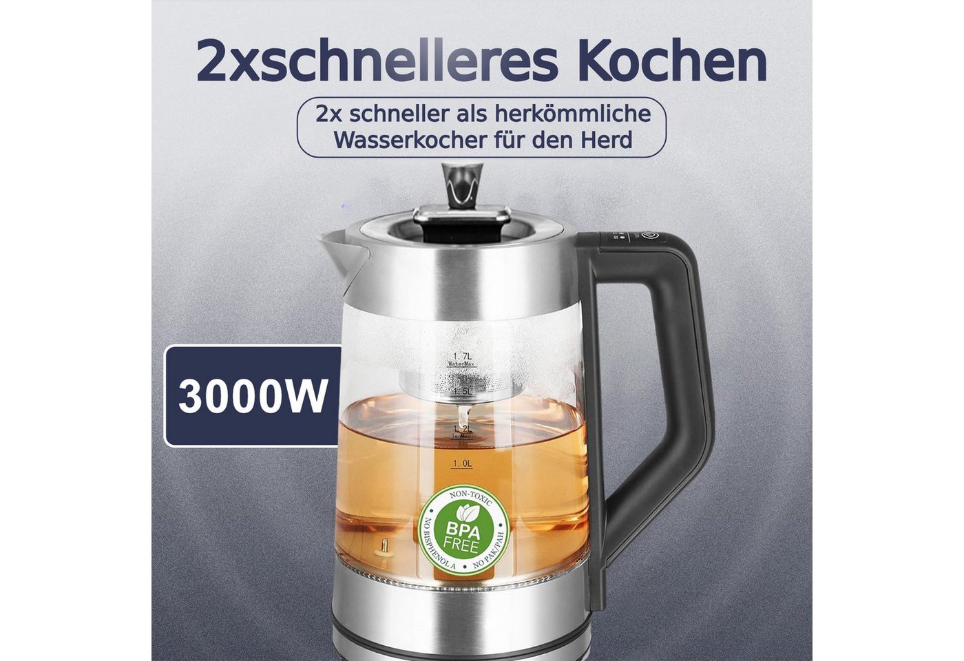 ibettertec Wasserkocher Wasserkocher aus Glas&Edelstahl, mit Temperatureinstellung und Teesieb Bild 2