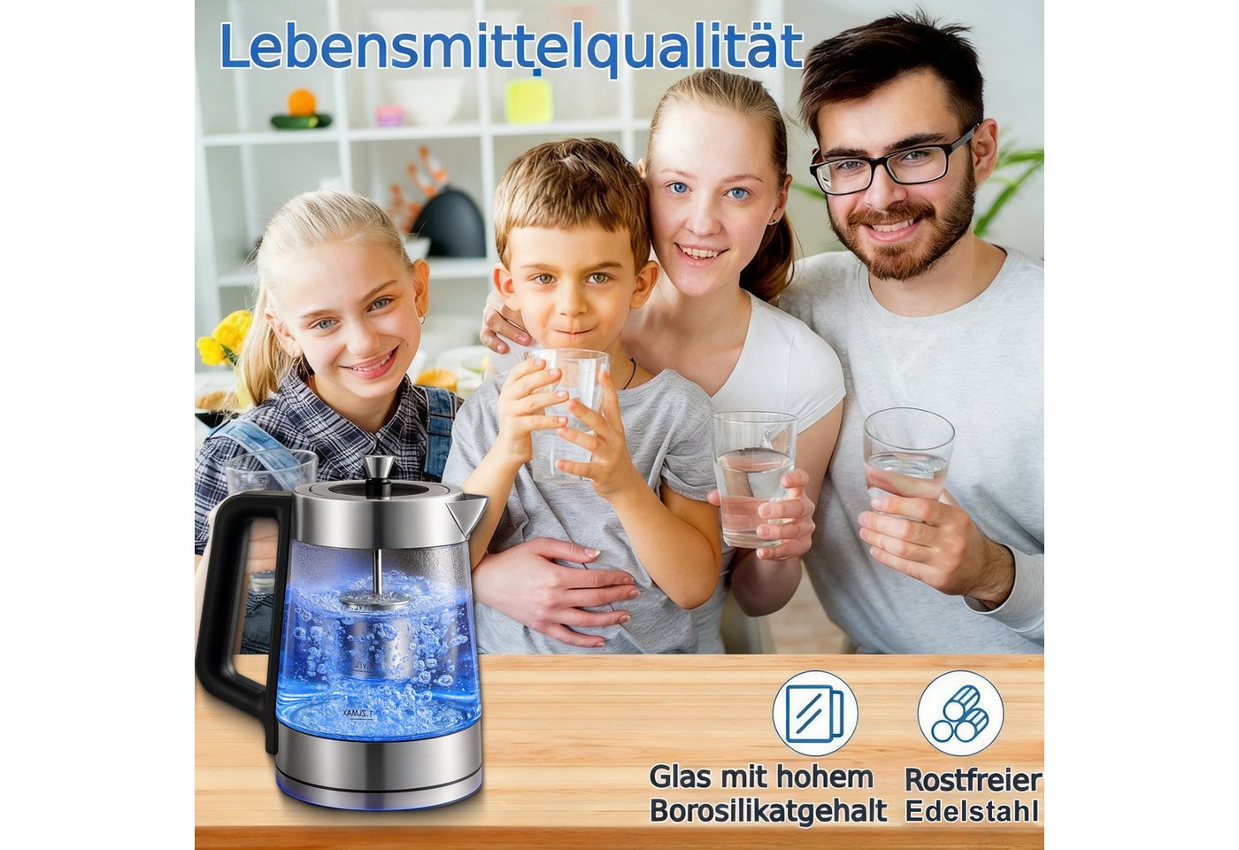 ibettertec Wasserkocher Wasserkocher aus Glas&Edelstahl, mit Temperatureinstellung und Teesieb Bild 3