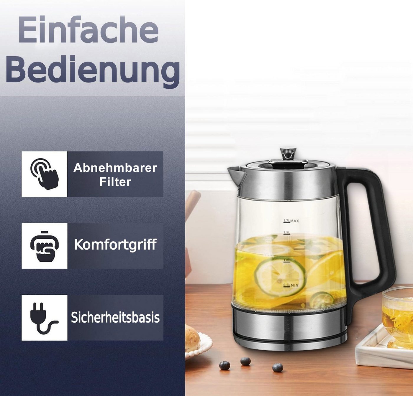 ibettertec Wasserkocher Wasserkocher aus Glas&Edelstahl, mit Temperatureinstellung und Teesieb Bild 4
