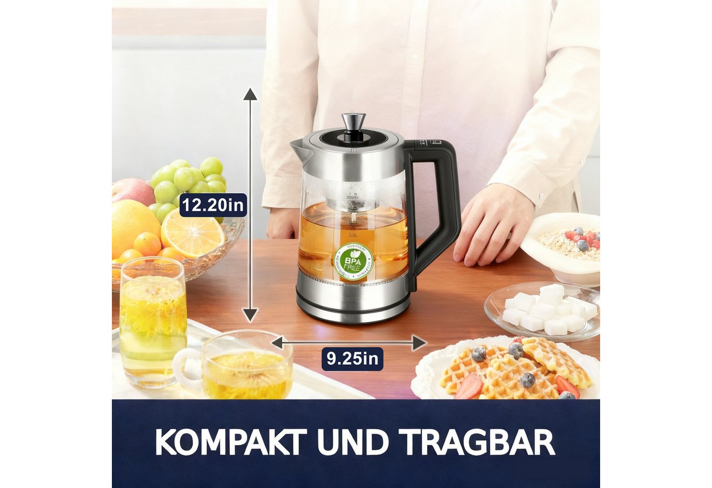 ibettertec Wasserkocher Wasserkocher aus Glas&Edelstahl, mit Temperatureinstellung und Teesieb Bild 5