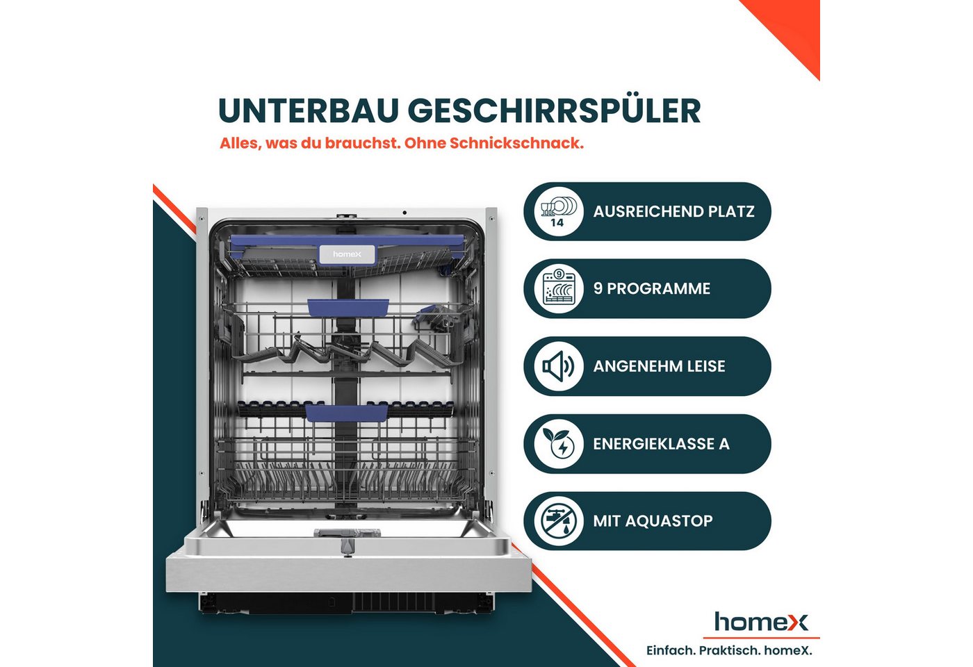homeX Unterbaugeschirrspüler DWBU601442A, 10 l, 14 Maßgedecke, Spülmaschine 60cm unterbaufähig, 9 Programme, 14 Gedecke, AquaStop Bild 5