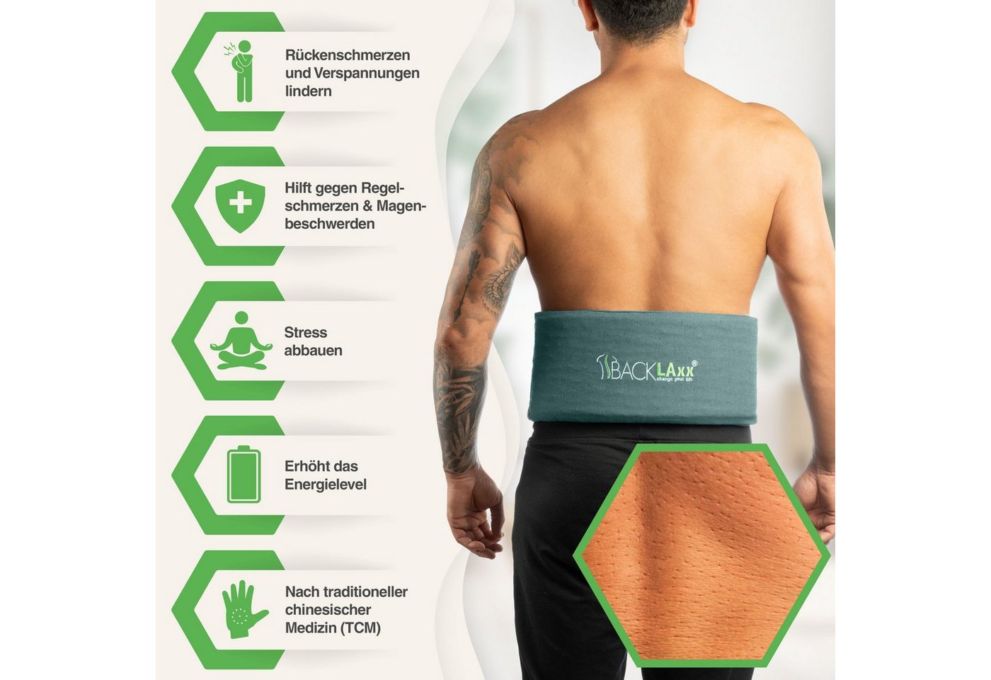 BACKLAxx® Akupressurmatte Akupressur Lendengürtel mit 736 Spitzen (Lendengurt mit Tasche - inkl. Videokurs & Hörbuch, Akupressur Gürtel gegen Rückenschmerzen), Intensitätsregulierung durch Klettverschluss Bild 5