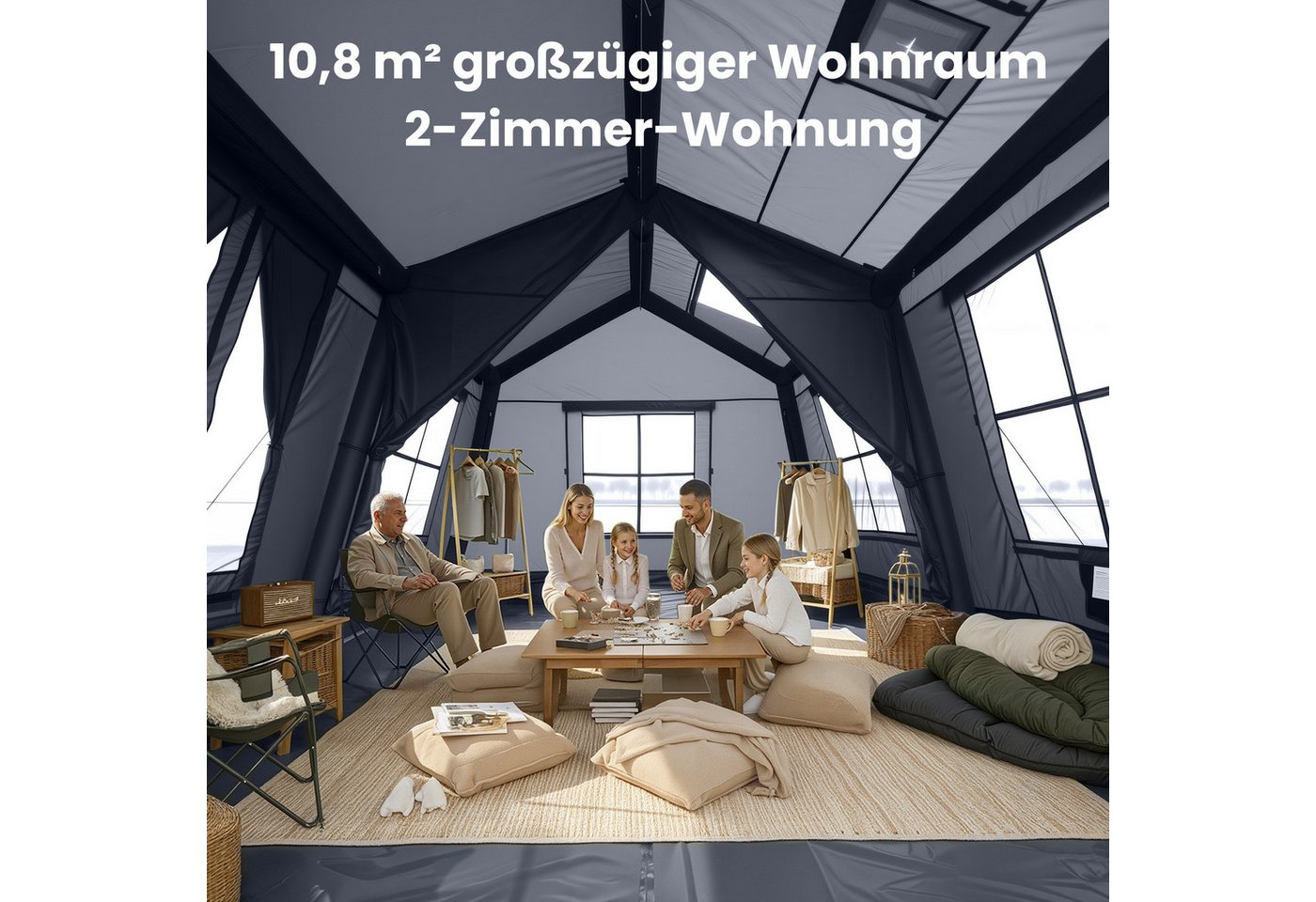 Meulbaty aufblasbares Zelt Air Glamping Zelte, Gampingzelt aus Oxford-Stoff, Personen: 8 (1 tlg), mit aufrollbarem Trennvorhang & 4 großzügigen Belüftungsfenstern