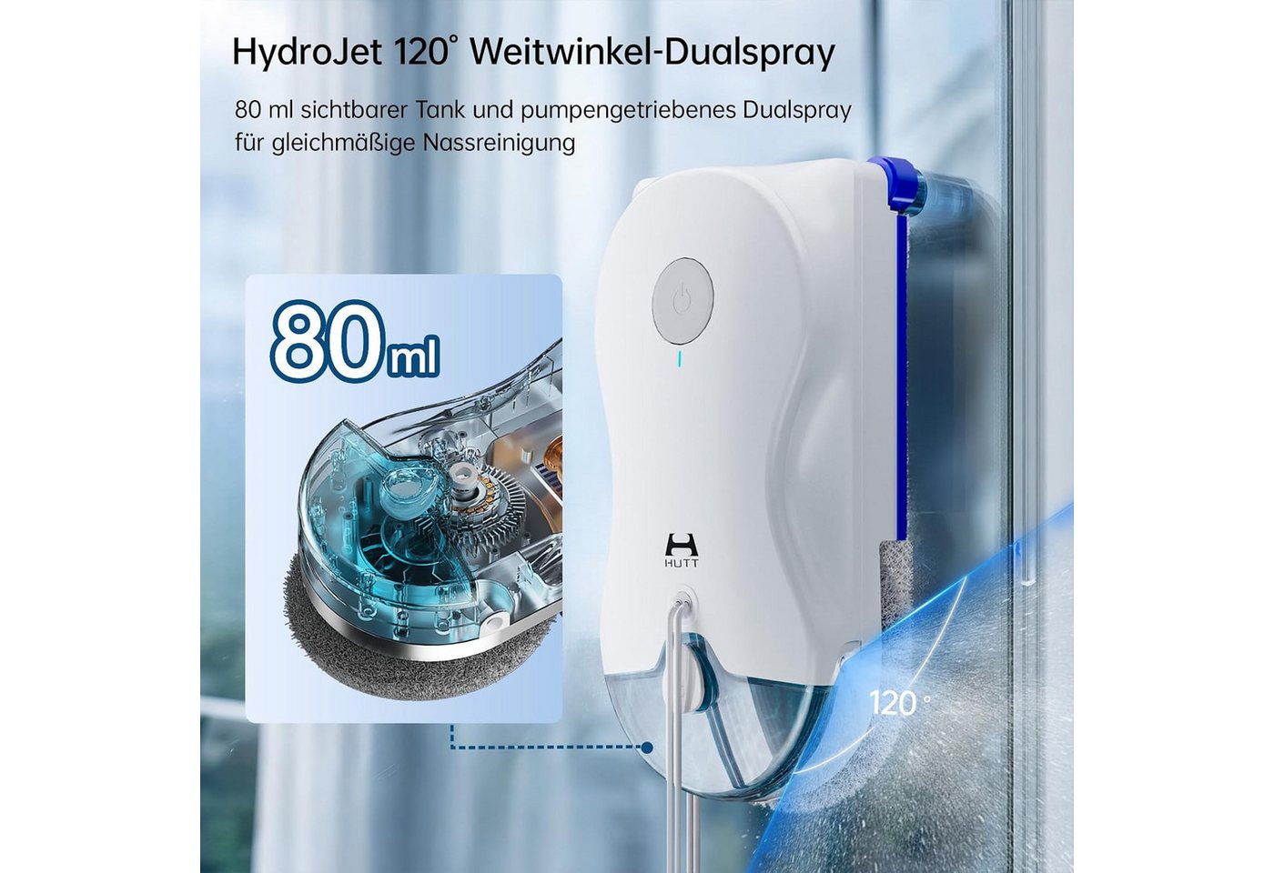 HUTT Fensterputzroboter Fenstersauger Doppelspray, 7000PA,Hybrid Nass-Trocken Reinigungssystem, (1-St) Anti-Drop-System,Automatische Fensterreinigung,Intelligente Navigation